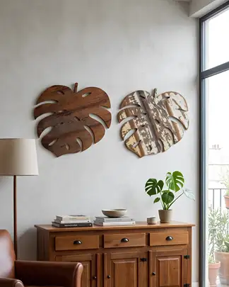 ESCULTURA FOLHA DECORAÇÃO EM MADEIRA DE DEMOLIÇÃO