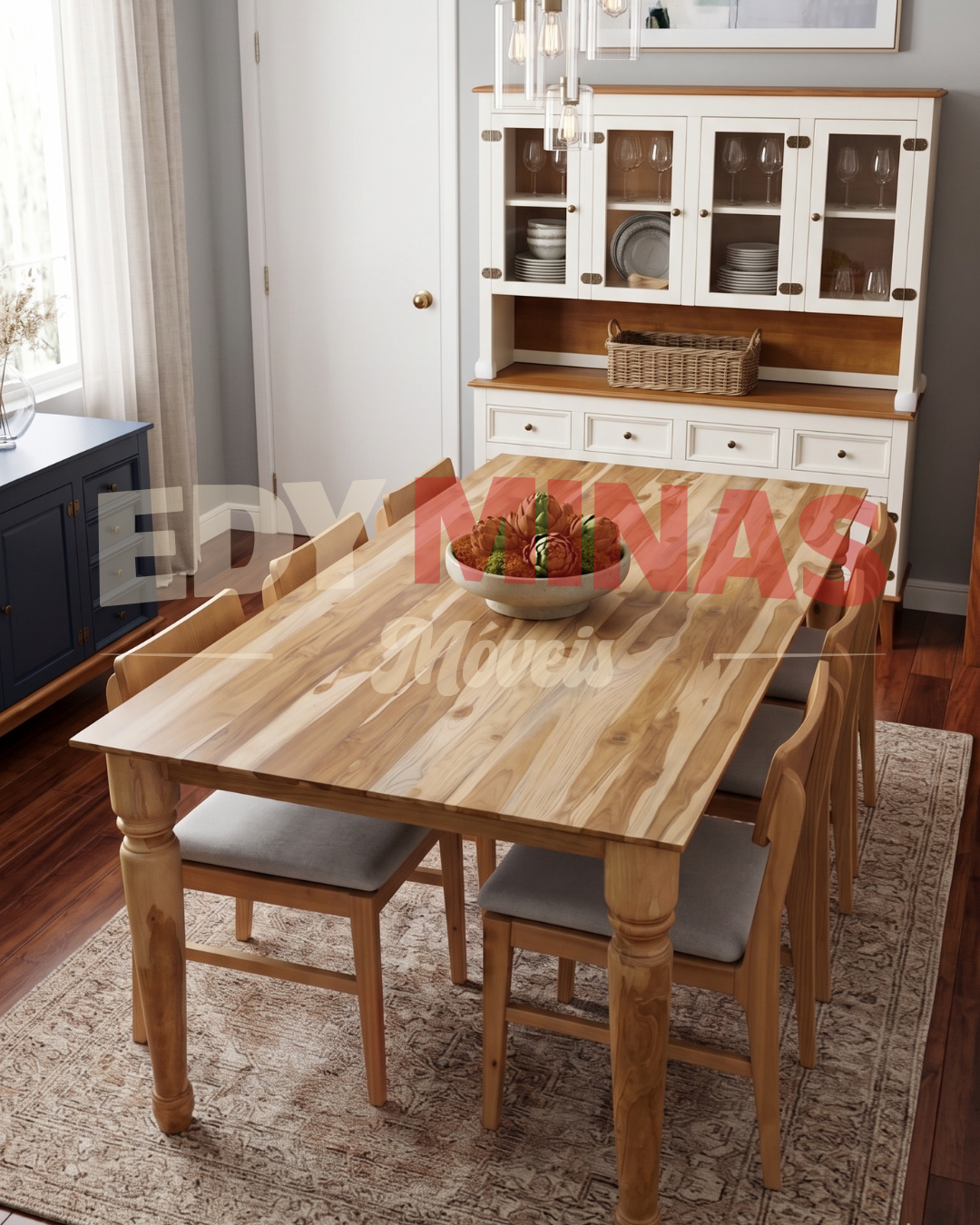 CONJ. DE MESA TECA TORNEADO 2,00X1,00M C/ 6 CADEIRAS ESTOFADAS
