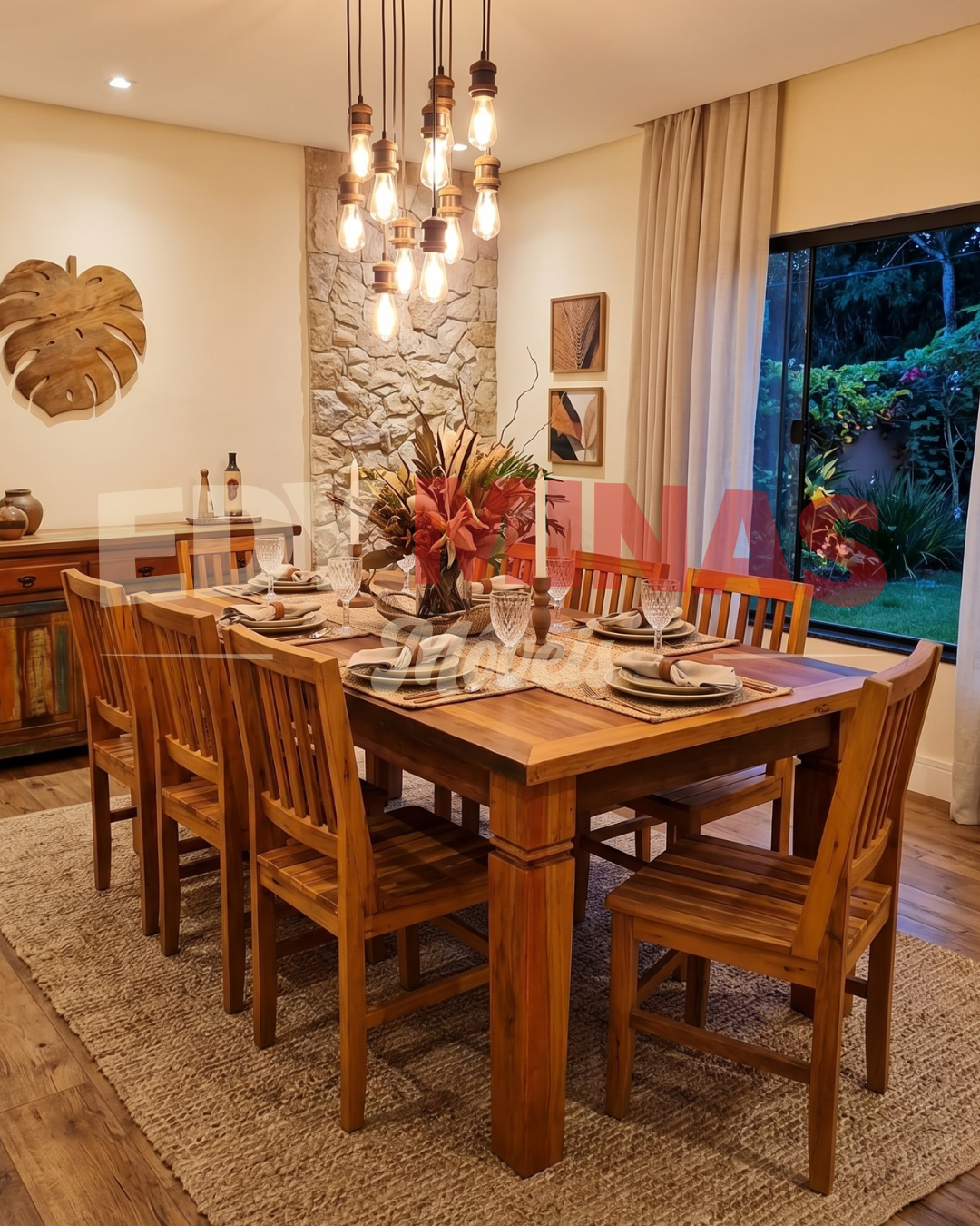 CONJ. MESA DE JANTAR MADEIRA MACIÇA 2,50X1,00M PARA 8 LUGARES C/ CADEIRA AR